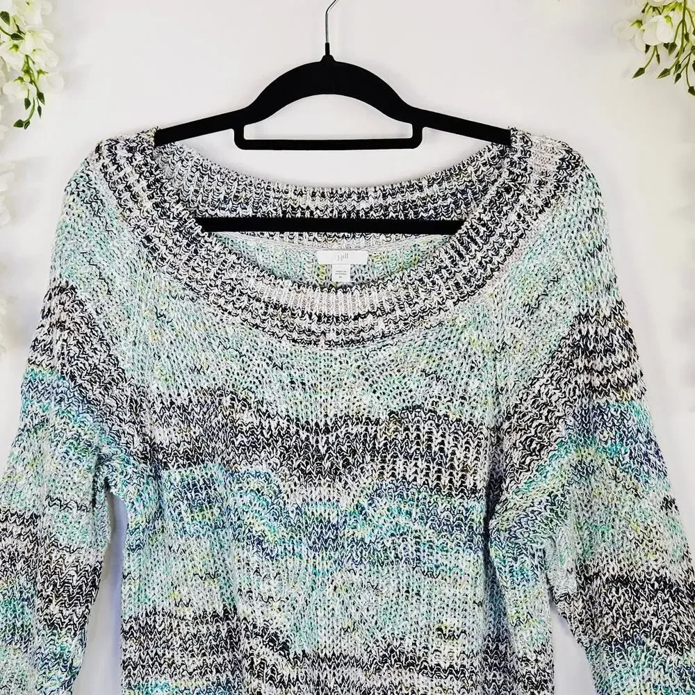 J Jill Marled Open Knit Tunic Sweater Size XL Cotton Blue Green Boho Winter Cozy